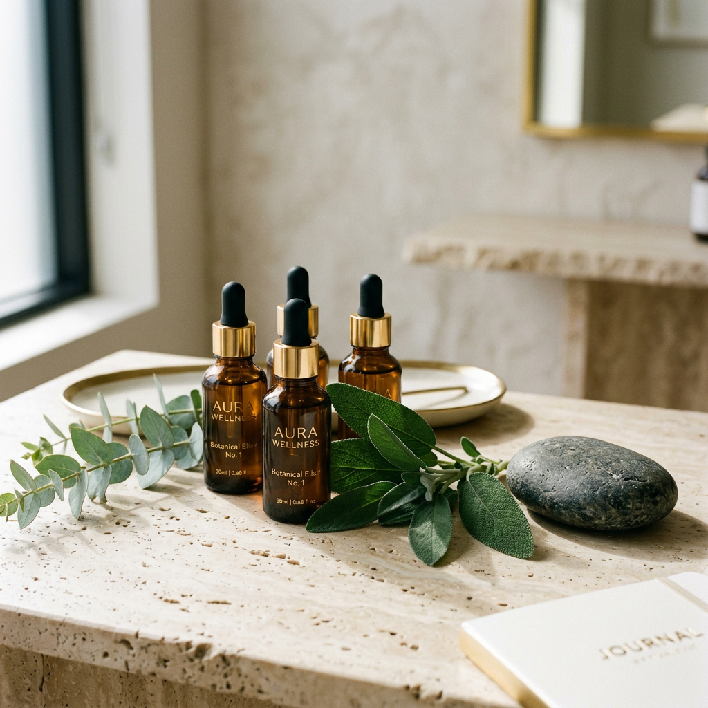 Refined still life of serums and botanicals