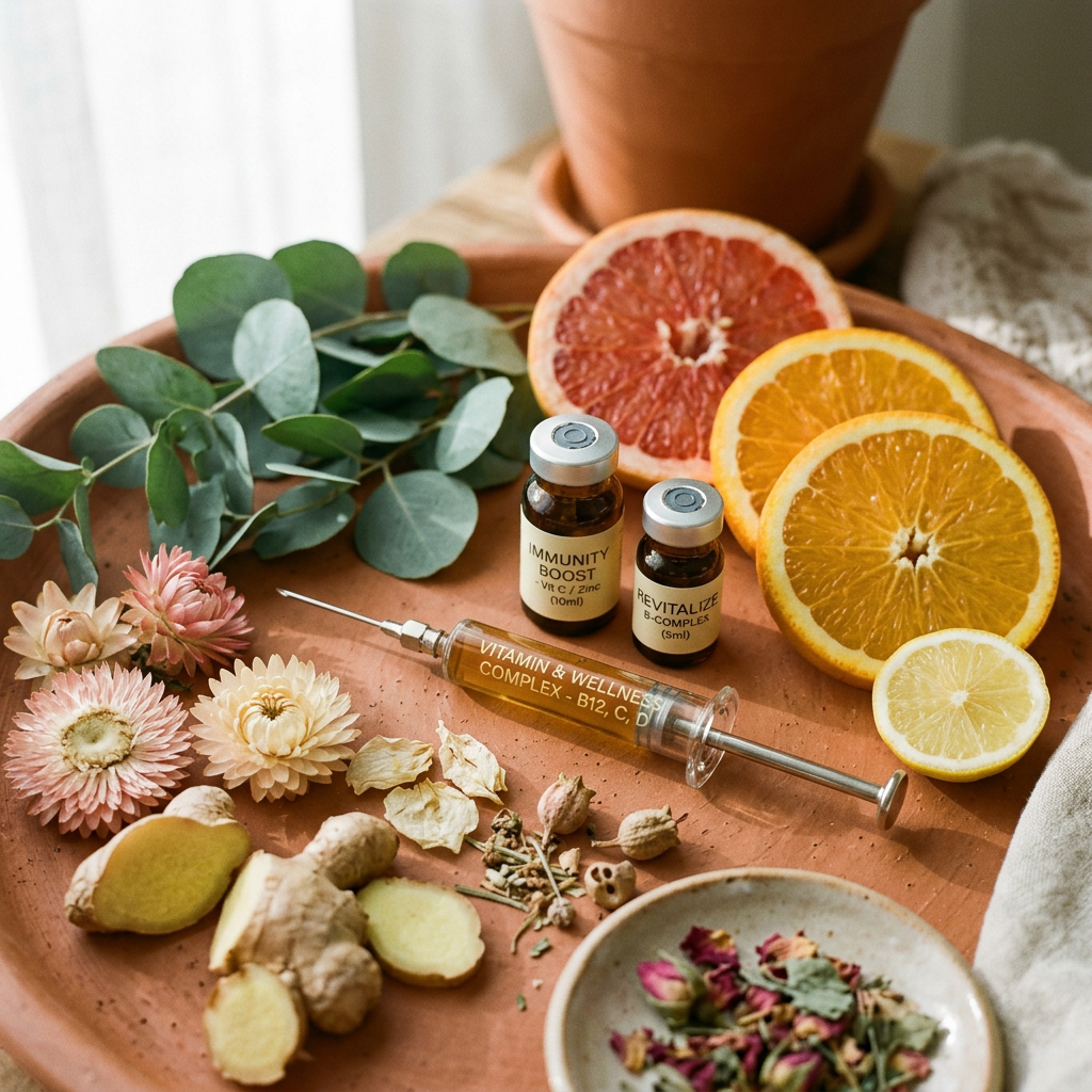 Warm botanical still life with wellness vials, citrus and herbs